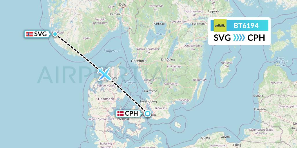 BT6194 Air Baltic Flight Map: Stavanger to Copenhagen