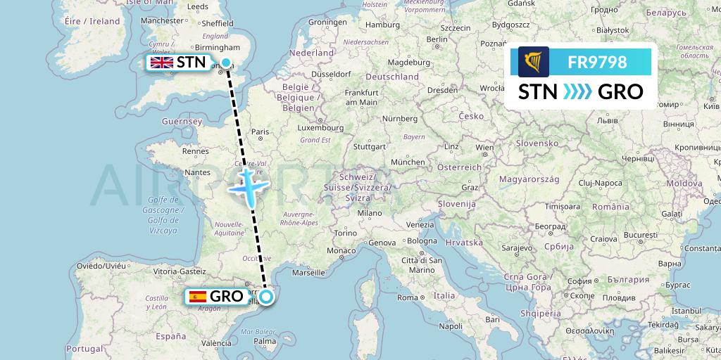 FR9798 Ryanair Flight Map: London to Girona