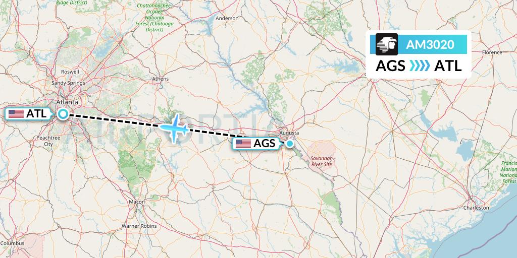 AM3020 Aeromexico Flight Map: Augusta to Atlanta