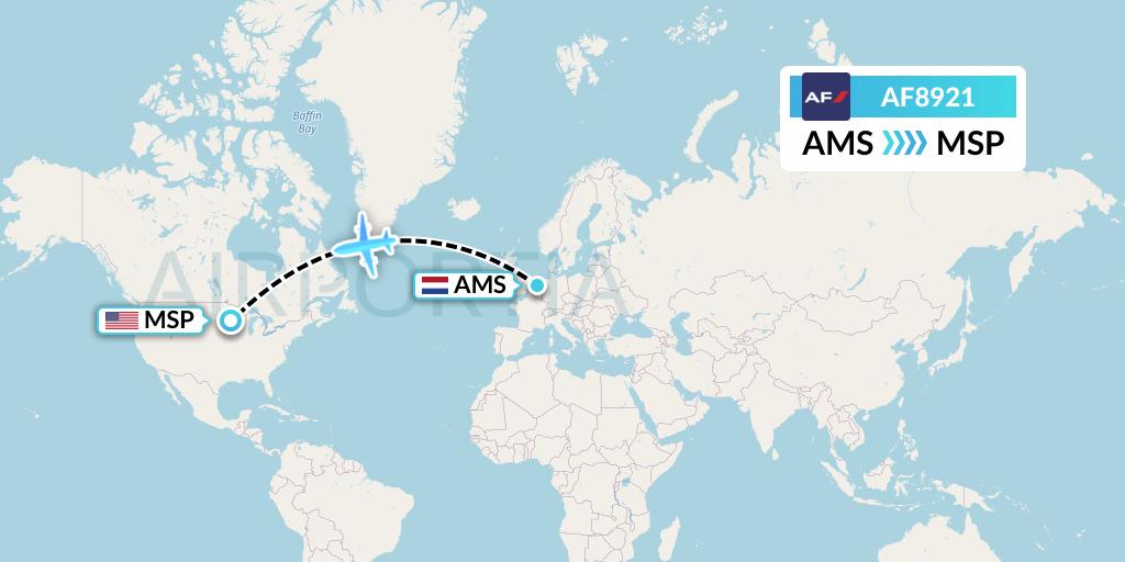 AF8921 Air France Flight Map: Amsterdam to Minneapolis