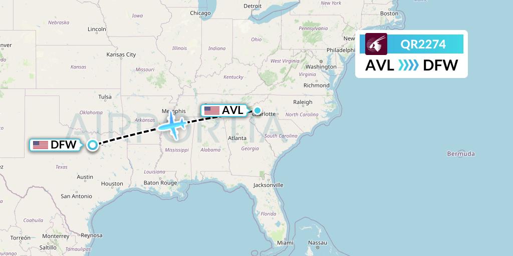 QR2274 Qatar Airways Flight Map: Asheville to Dallas