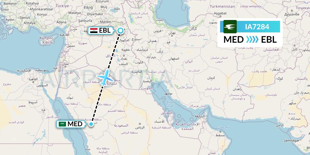 IA7284 Iraqi Airways Flight Map: Medina to Arbil