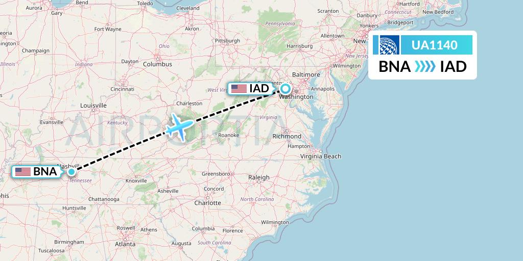 UA1140 United Airlines Flight Map: Nashville to Washington