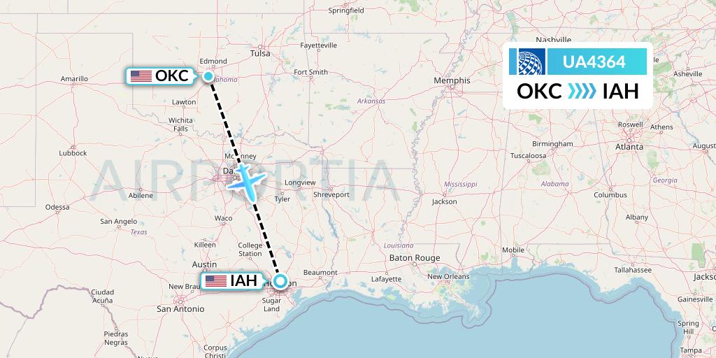UA4364 United Airlines Flight Map: Oklahoma City to Houston