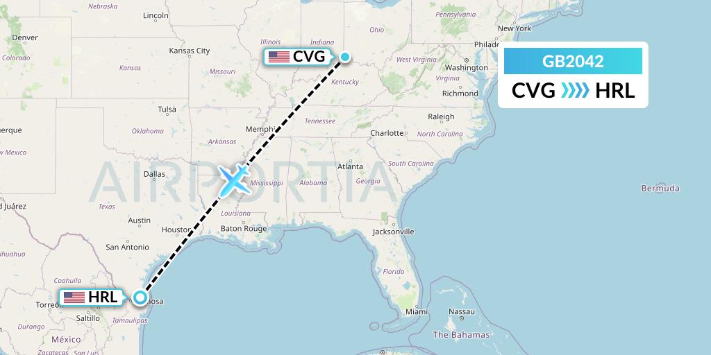 GB2042 ABX Air Flight Map: Cincinnati to Harlingen
