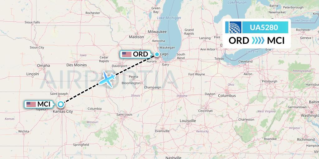 UA5280 United Airlines Flight Map: Chicago to Kansas City