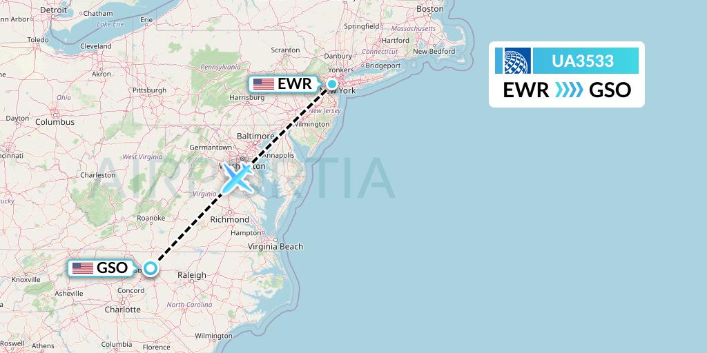UA3533 United Airlines Flight Map: New York to Greensboro