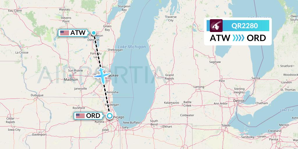 QR2280 Qatar Airways Flight Map: Appleton to Chicago