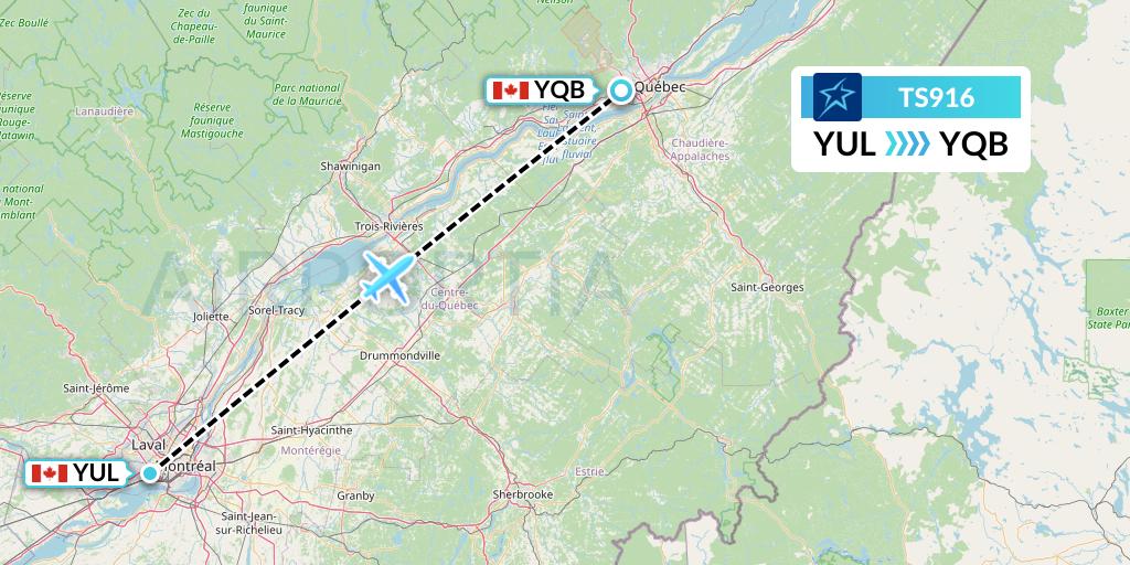 TS916 Air Transat Flight Map: Montreal to Quebec