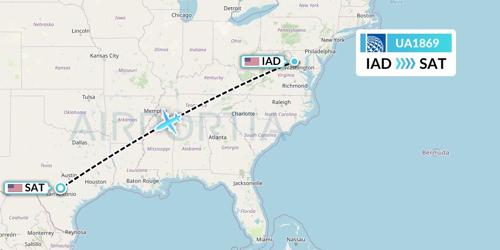 UA1869 United Airlines Flight Map: Washington to San Antonio