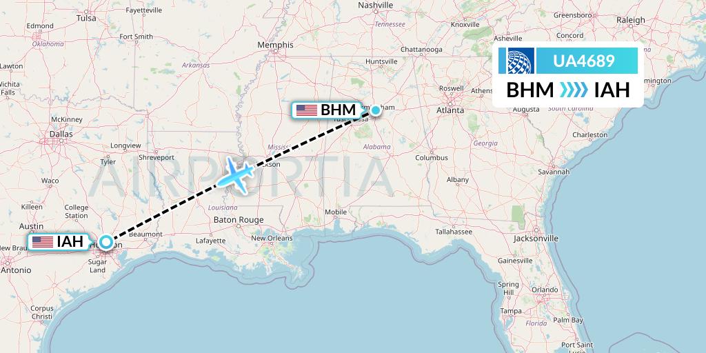 UA4689 United Airlines Flight Map: Birmingham to Houston