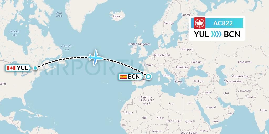 AC822 Air Canada Flight Map: Montreal to Barcelona