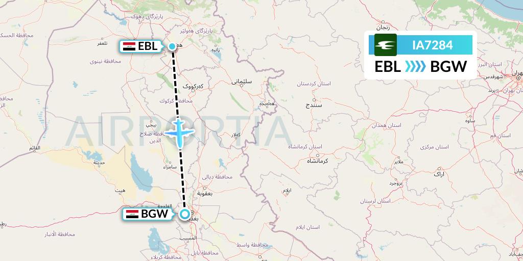 IA7284 Iraqi Airways Flight Map: Arbil to Baghdad