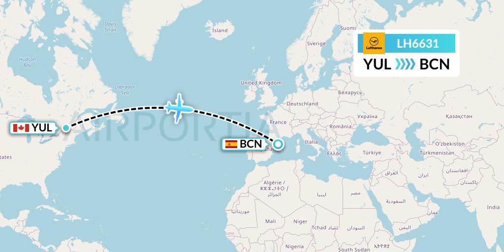 LH6631 Lufthansa Flight Map: Montreal to Barcelona