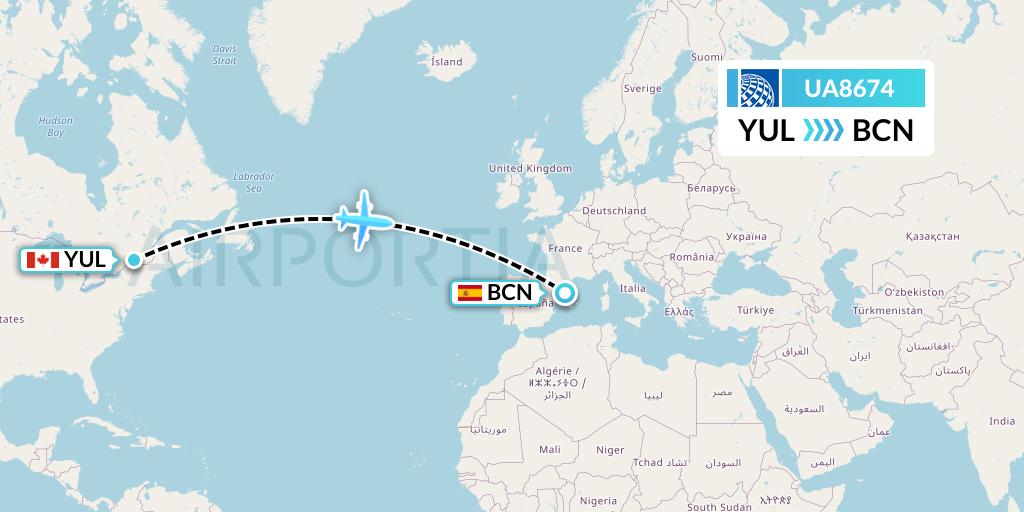 UA8674 United Airlines Flight Map: Montreal to Barcelona