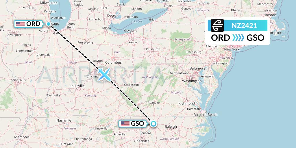 NZ2421 Air New Zealand Flight Map: Chicago to Greensboro