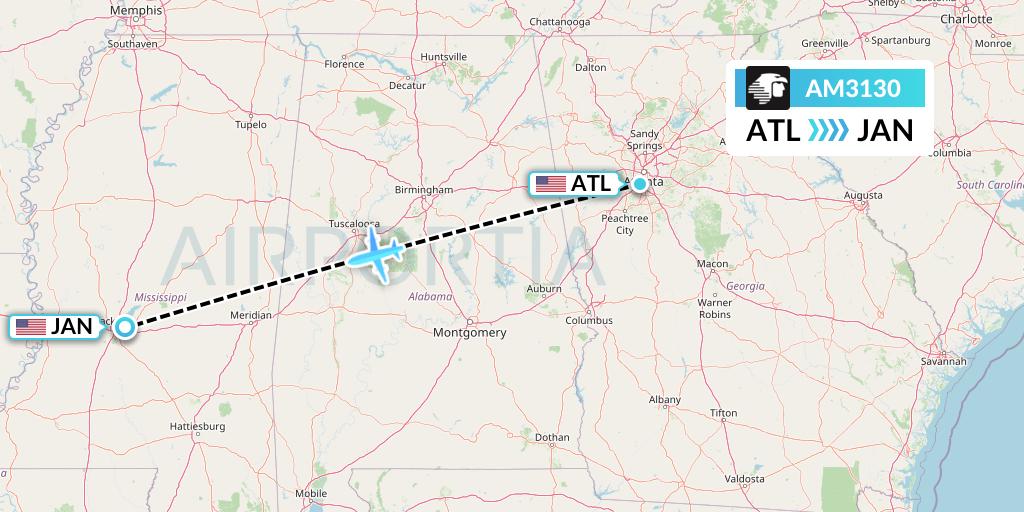 AM3130 Aeromexico Flight Map: Atlanta to Jackson
