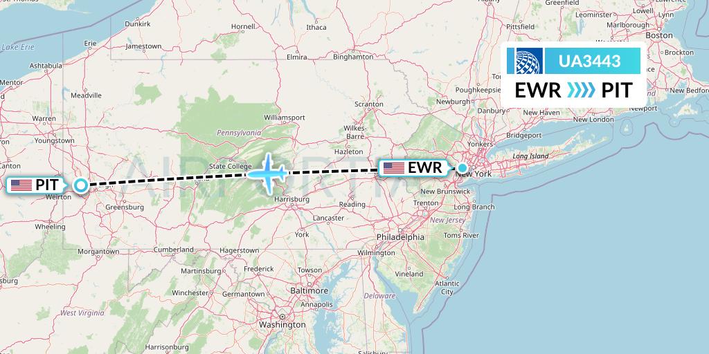 UA3443 United Airlines Flight Map: New York to Pittsburgh