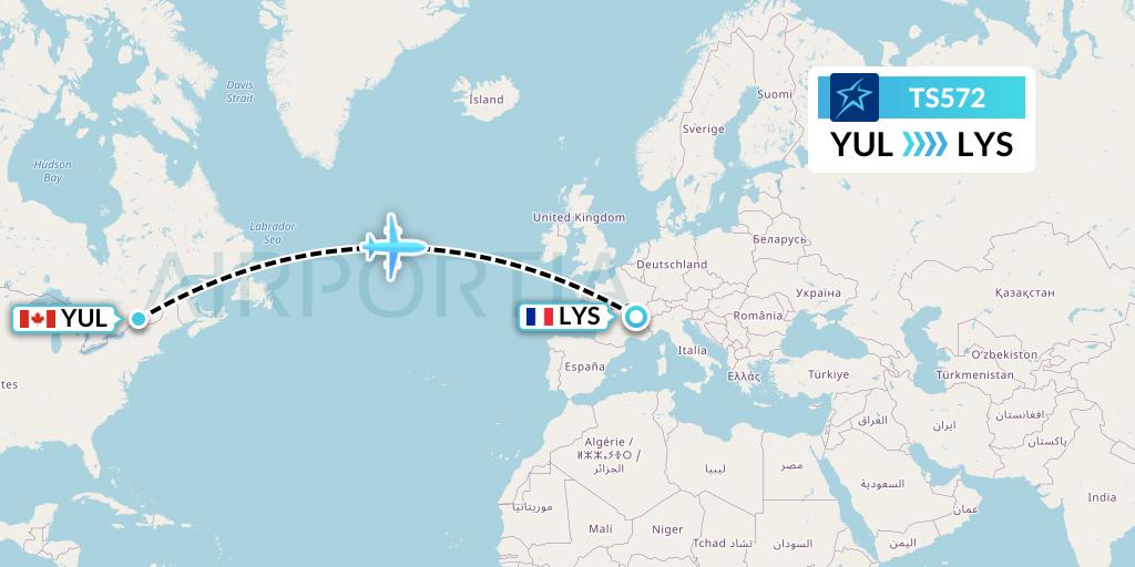 TS572 Air Transat Flight Map: Montreal to Lyon