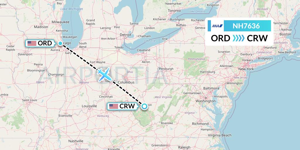 NH7636 All Nippon Airways Flight Map: Chicago to Charleston