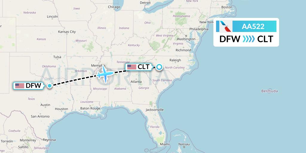 AA522 American Airlines Flight Map: Dallas to Charlotte