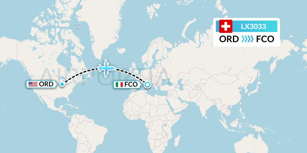 LX3033 Swiss Flight Map: Chicago to Rome