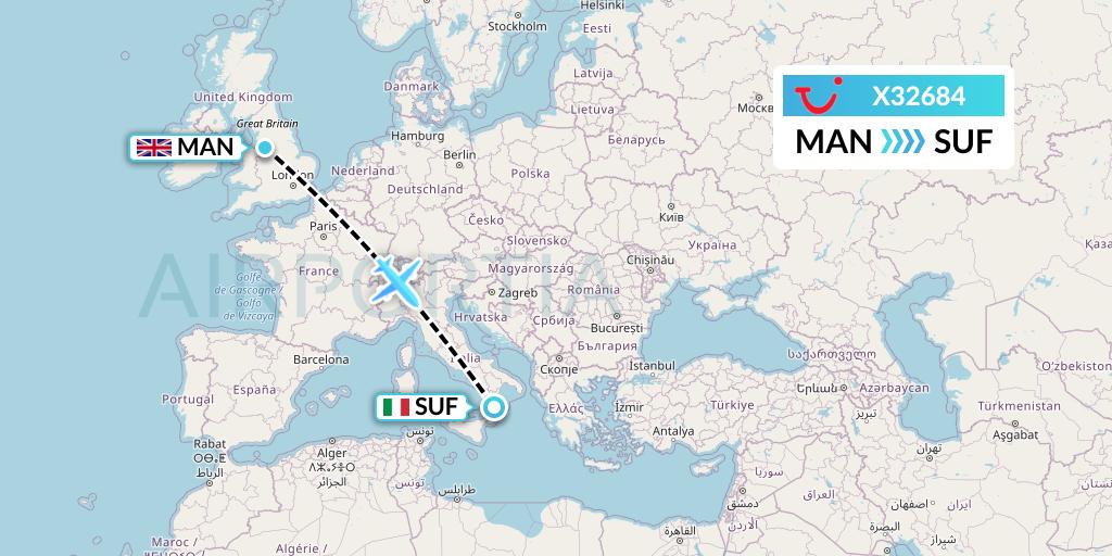 X32684 TUI fly Germany Flight Map: Manchester to Lamezia Terme