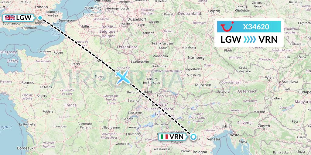 X34620 TUI fly Germany Flight Map: London to Verona