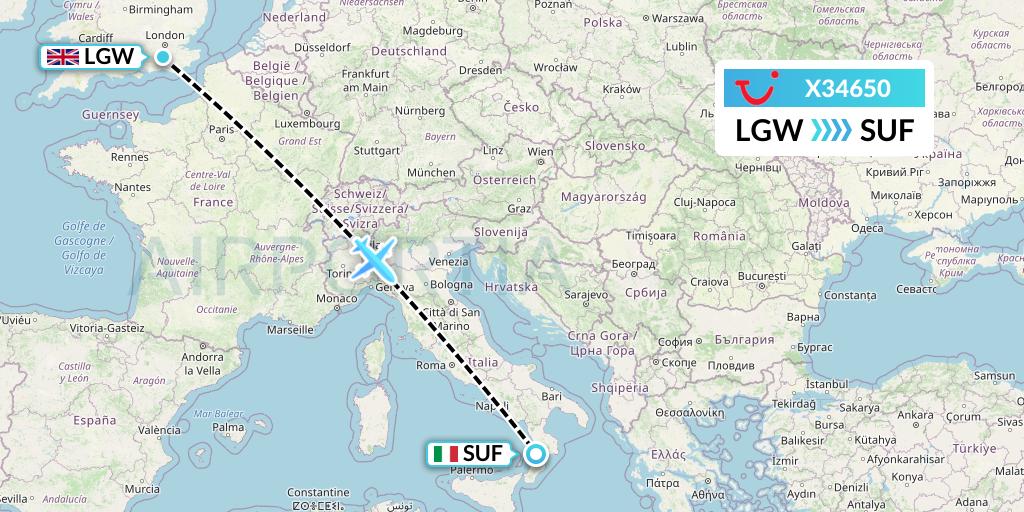 X34650 TUI fly Germany Flight Map: London to Lamezia Terme