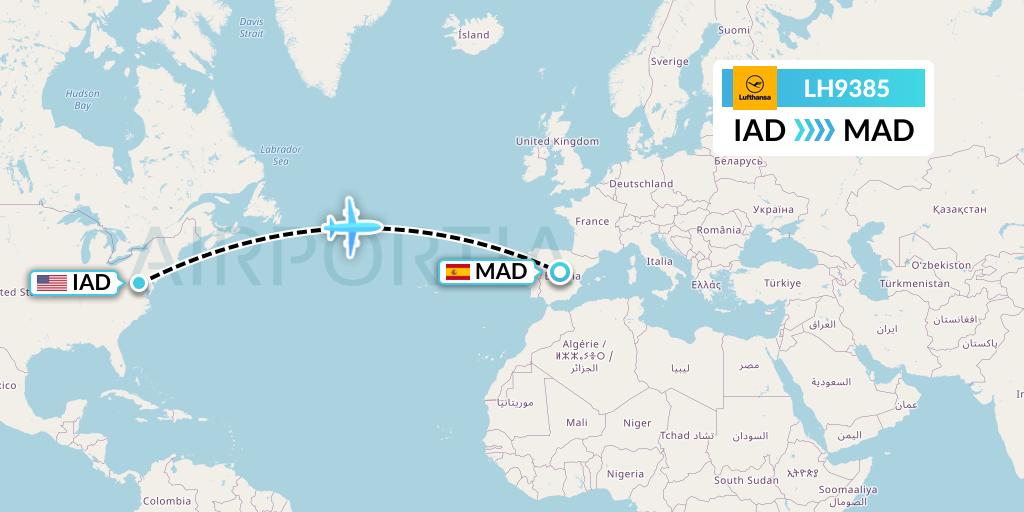LH9385 Lufthansa Flight Map: Washington to Madrid