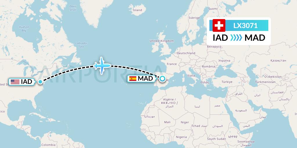 LX3071 Swiss Flight Map: Washington to Madrid