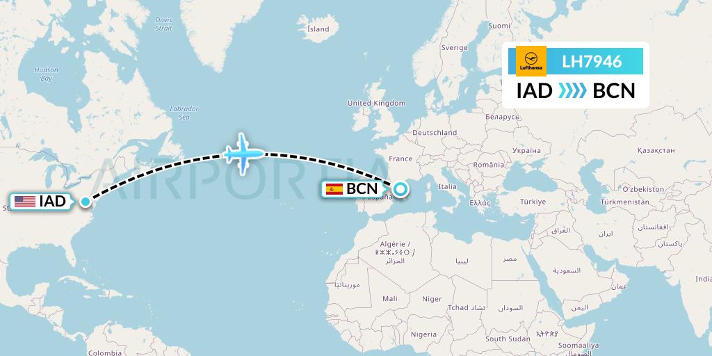 LH7946 Lufthansa Flight Map: Washington to Barcelona