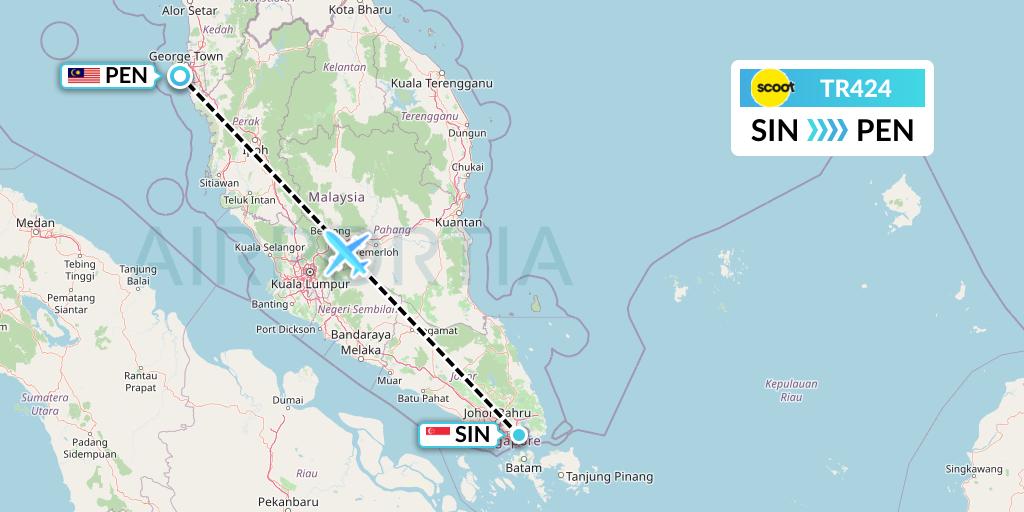 TR424 Tigerair Flight Map: Singapore to Penang