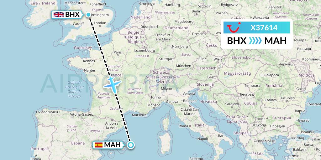 X37614 TUI fly Germany Flight Map: Birmingham to Mahon