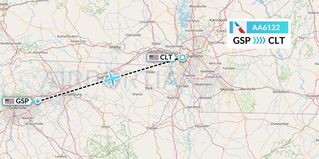 AA6122 American Airlines Flight Map: Greenville-Spartanburg to Charlotte