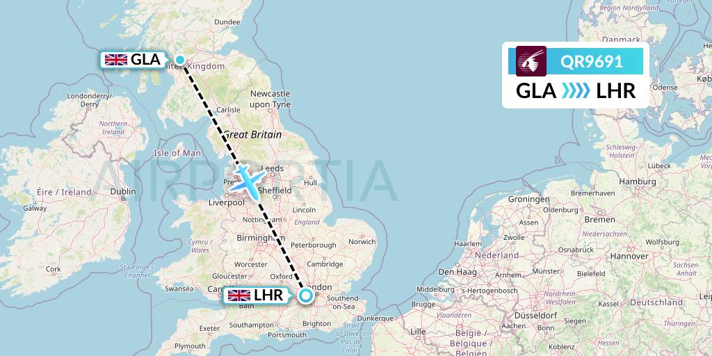 QR9691 Qatar Airways Flight Map: Glasgow to London