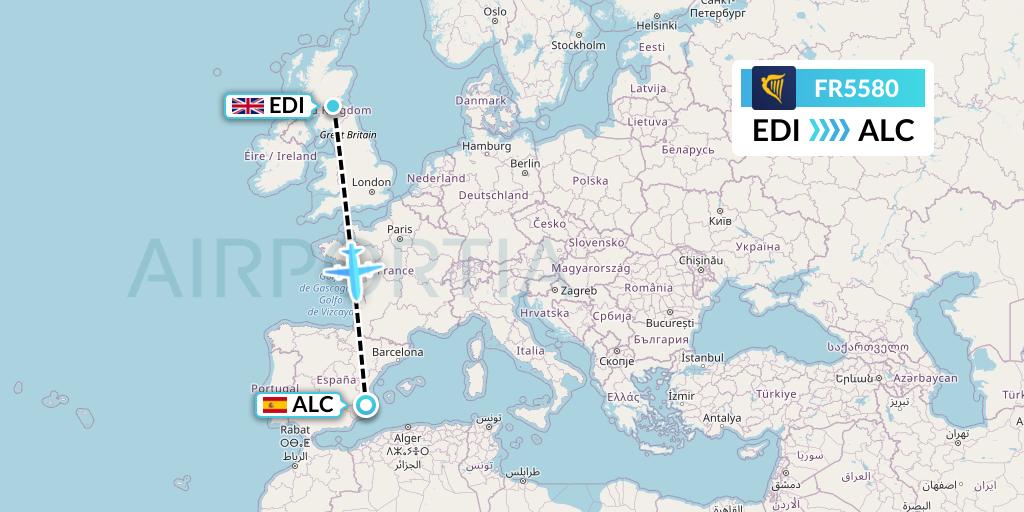 FR5580 Ryanair Flight Map: Edinburgh to Alicante