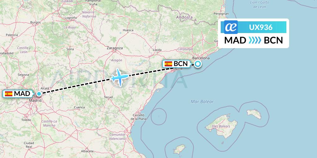 UX936 Air Europa Flight Map: Madrid to Barcelona