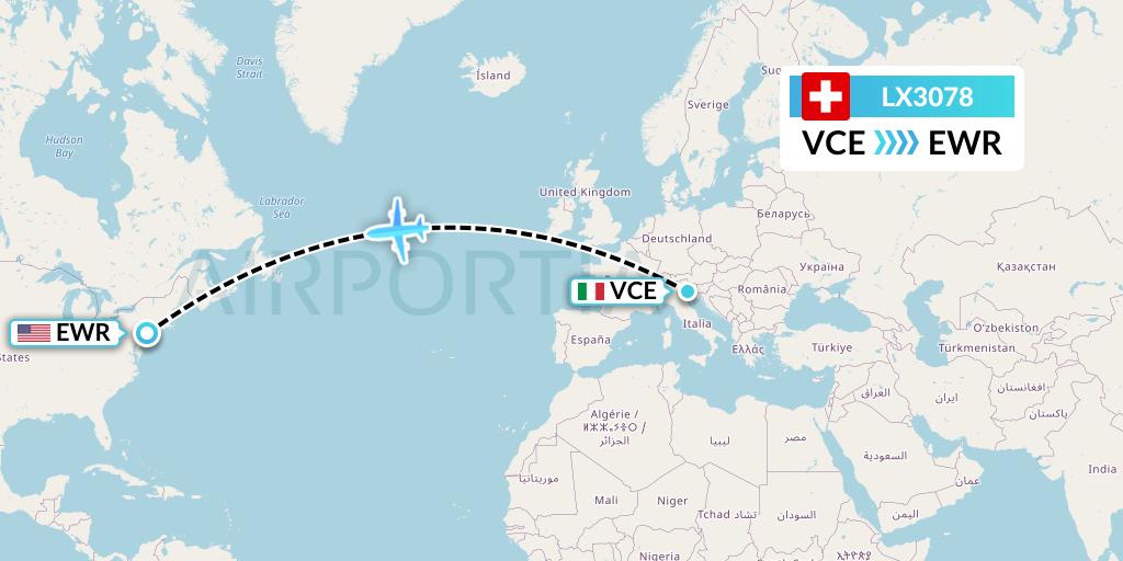 LX3078 Swiss Flight Map: Venice to New York