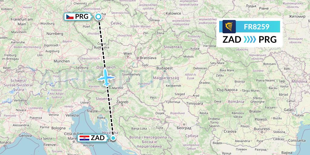 FR8259 Ryanair Flight Map: Zadar to Prague