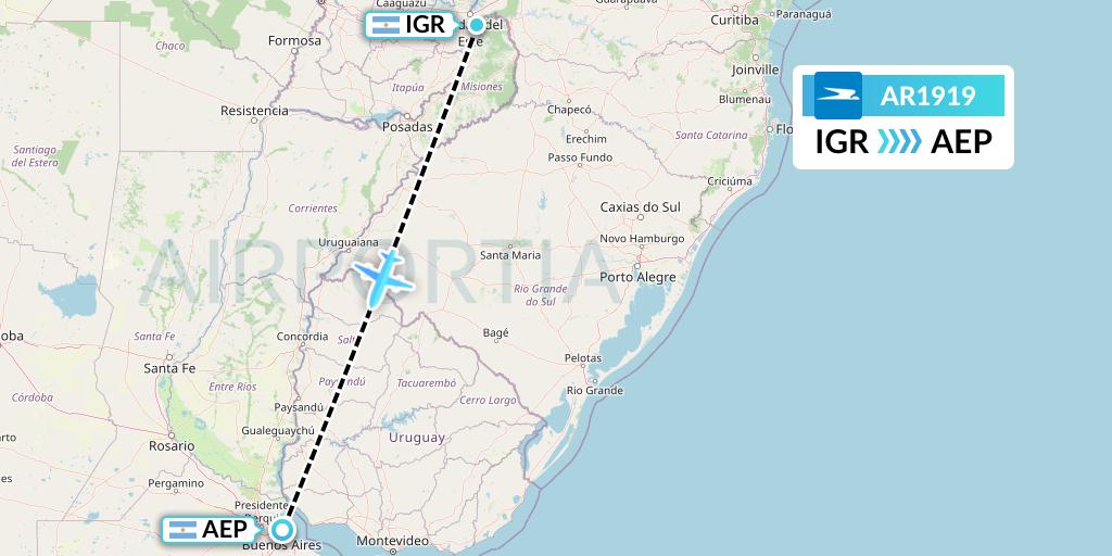 AR1919 Aerolineas Argentinas Flight Map: Puerto Iguazu to Buenos Aires
