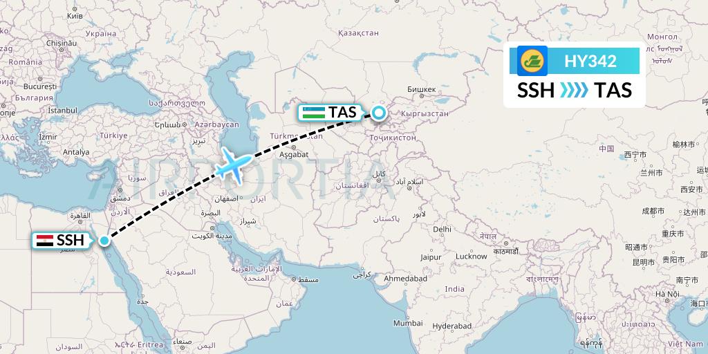 HY342 Uzbekistan Airways Flight Map: Sharm el-Sheikh to Tashkent