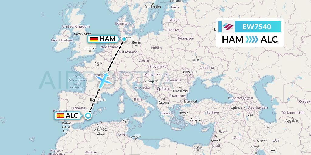 EW7540 Eurowings Flight Map: Hamburg to Alicante