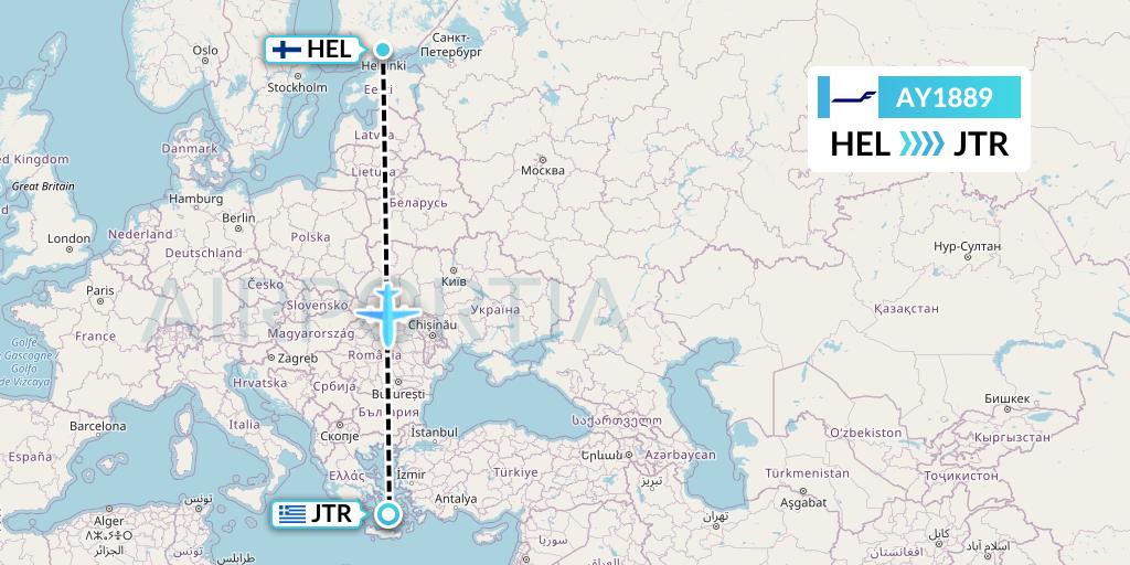 AY1889 Finnair Flight Map: Helsinki to Santorini
