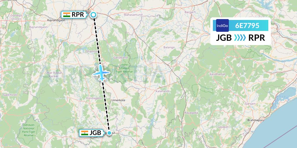 6E7795 IndiGo Airlines Flight Map: Jagdalpur to Raipur
