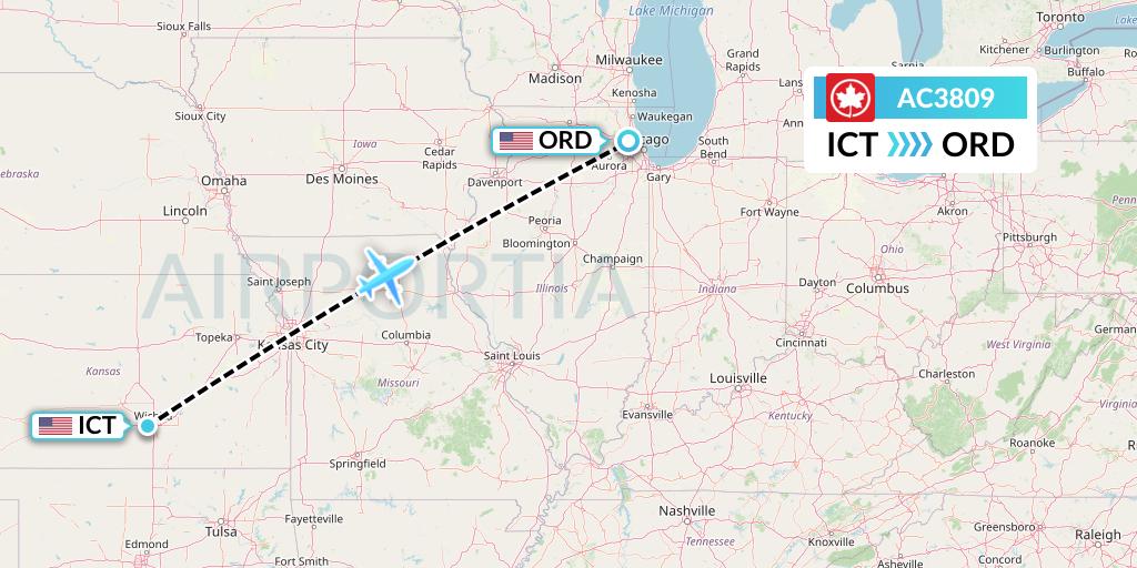AC3809 Air Canada Flight Map: Wichita to Chicago