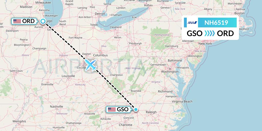 NH6519 All Nippon Airways Flight Map: Greensboro to Chicago