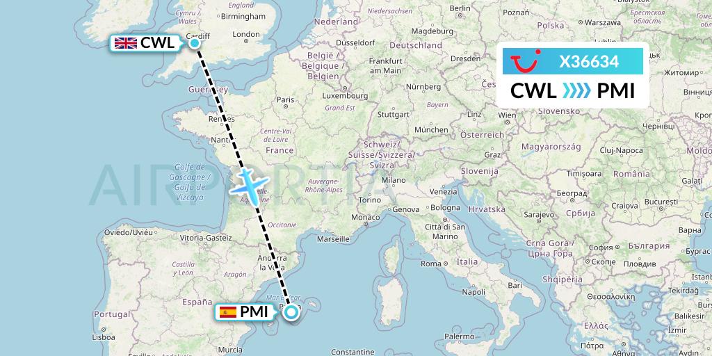 X36634 TUI fly Germany Flight Map: Cardiff to Palma de Mallorca