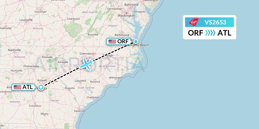 VS2653 Virgin Atlantic Airways Flight Map: Norfolk to Atlanta