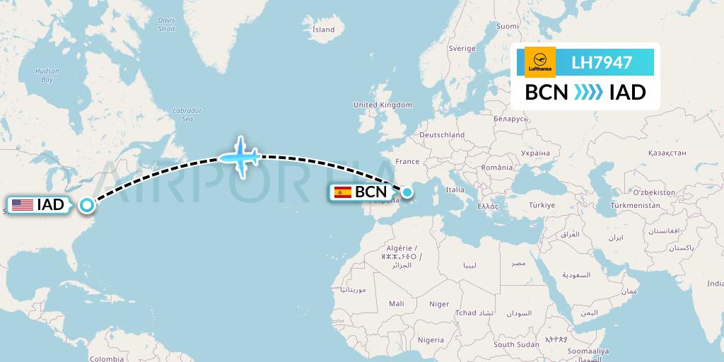 LH7947 Lufthansa Flight Map: Barcelona to Washington